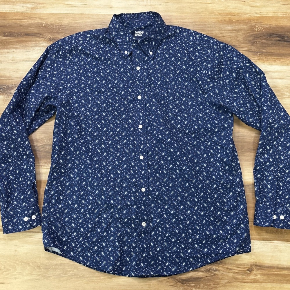 Lands End Button Down Shirt L Paisley Print Cotton No Iron Traditional Fit Navy